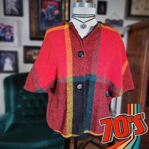 Country Place Cape Jacket Vintage 70s Plaid Red Wool Blend Short Sleeve Medium